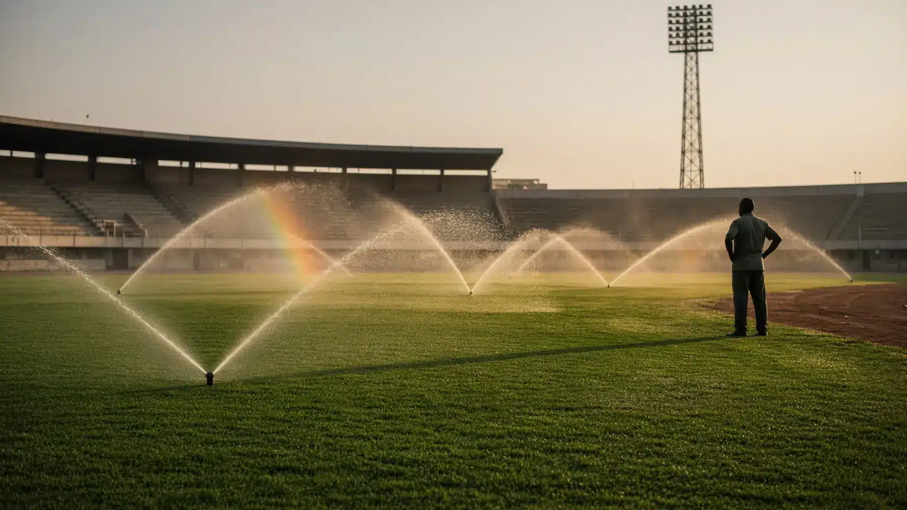 Sprinklers watering grass field in stadium at sunset with person observing