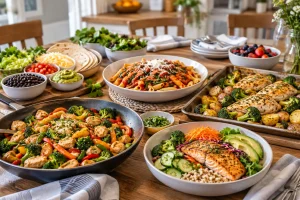 Assorted healthy dishes including pasta, grilled chicken, and salmon salad on a wooden dining table