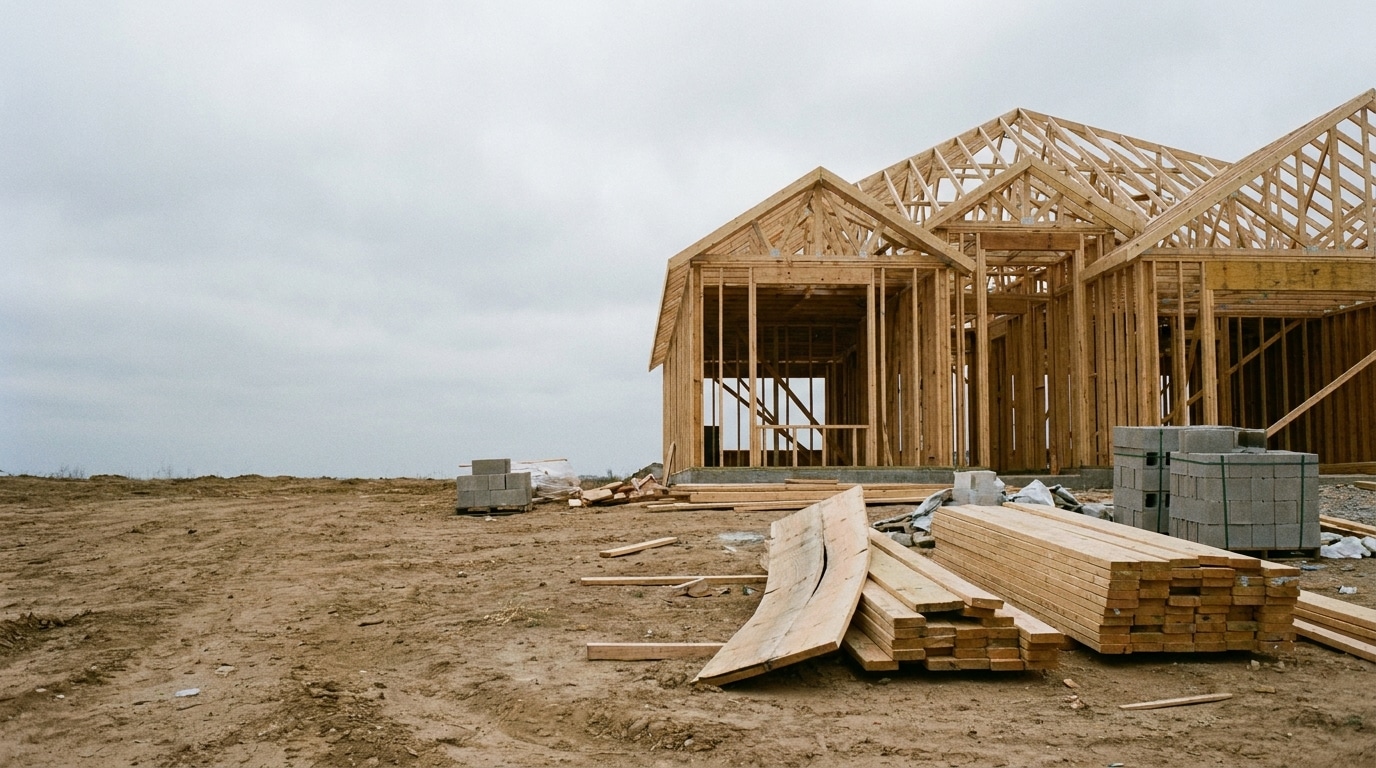 Wooden house frame under construction on a barren lot with overcast sky