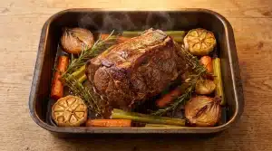 Roast beef with garlic, onions, carrots, and rosemary in a baking tray on wooden table