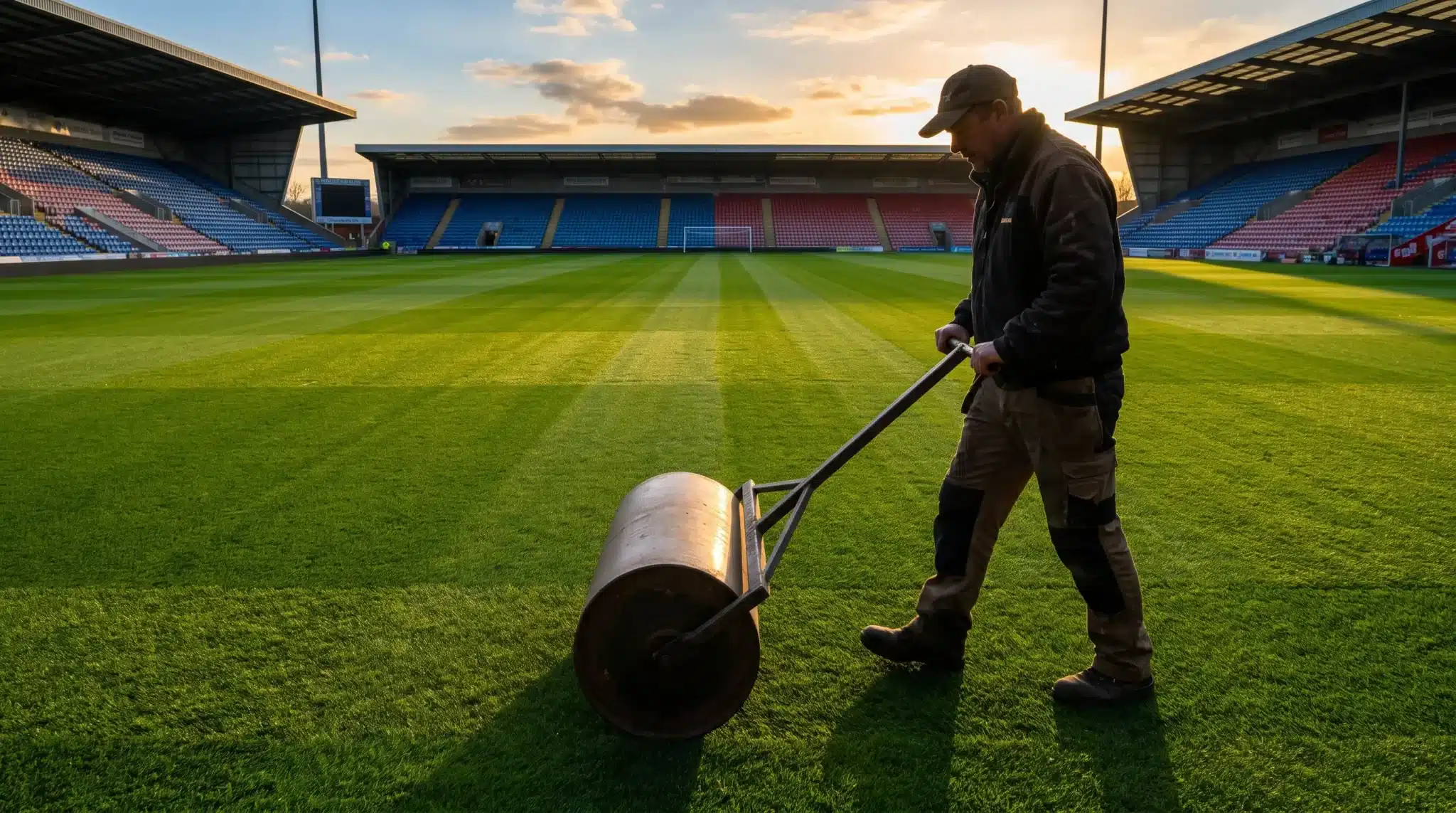 Groundskeeper rolling grass on soccer field at sunset in empty stadium