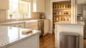 Ants crawling on granite kitchen countertop near sink and pantry shelves with jars