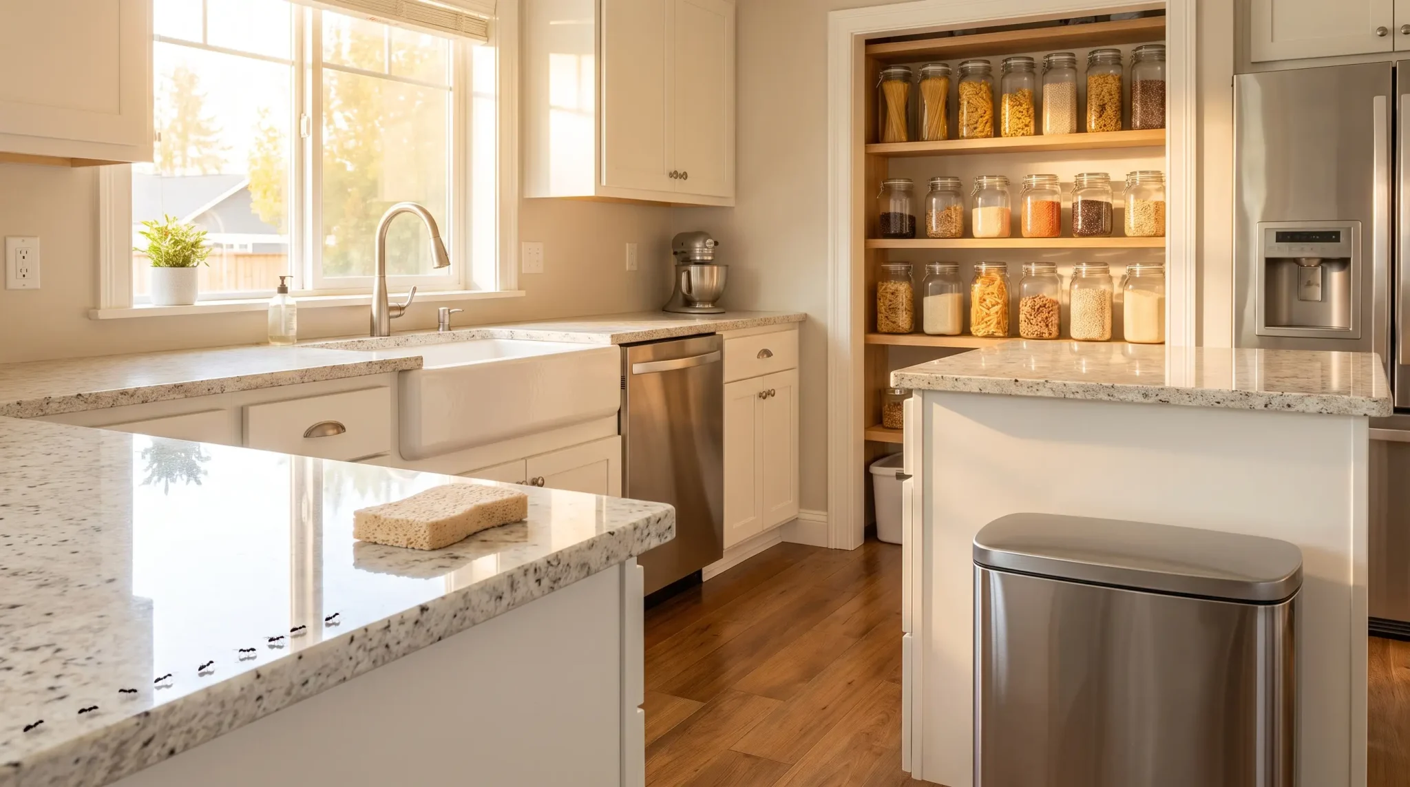Ants crawling on granite kitchen countertop near sink and pantry shelves with jars