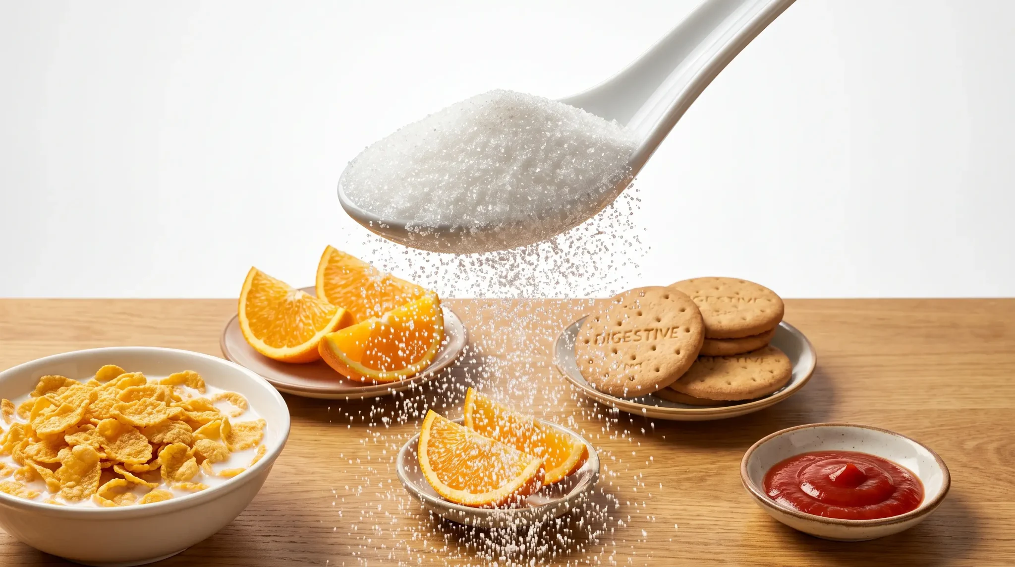 Large spoon sprinkling sugar over cornflakes, orange slices, cookies, and ketchup on wooden table