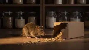 Rat eating spilled grains from torn box in pantry with jars in background