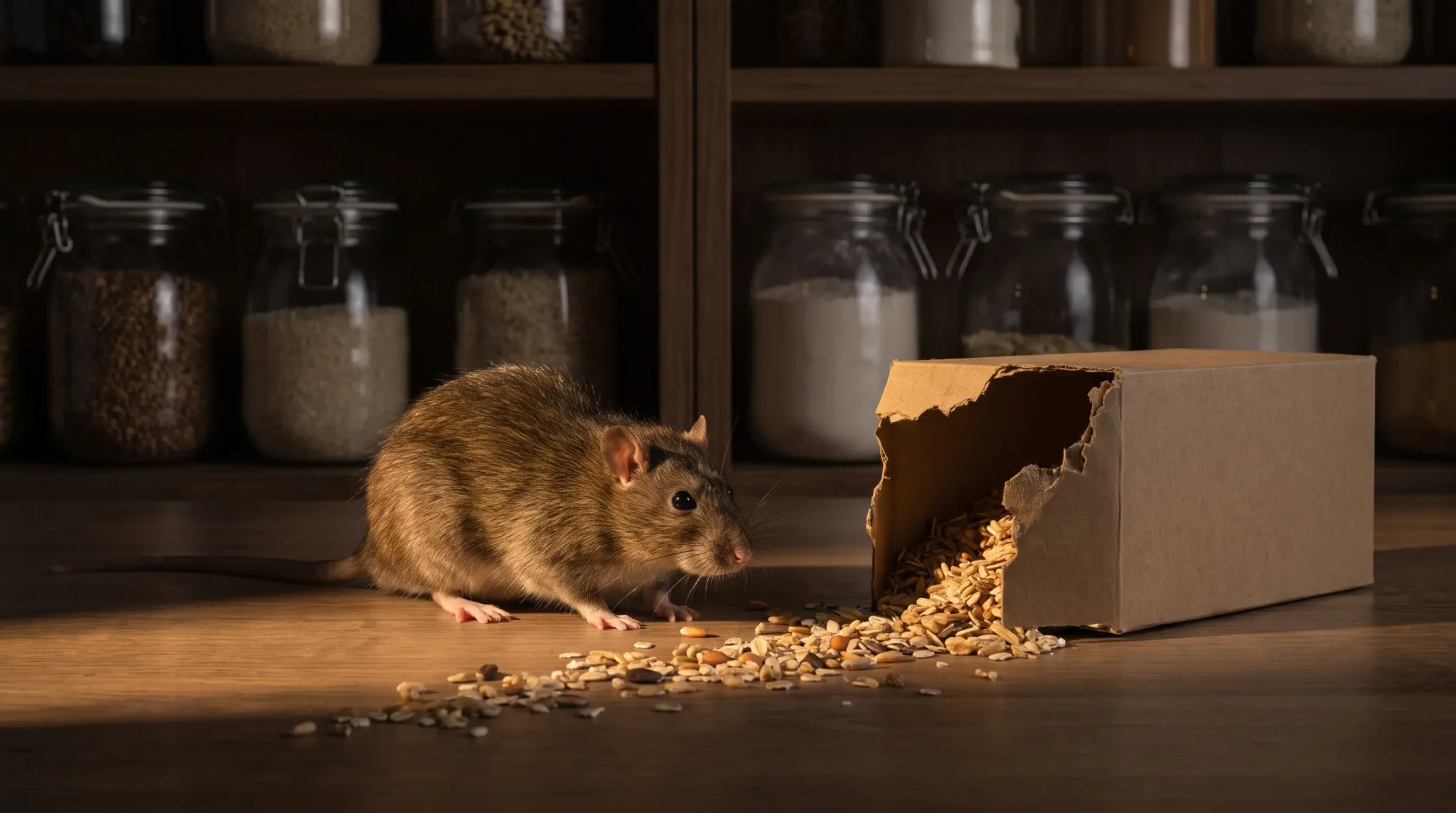 Rat eating spilled grains from torn box in pantry with jars in background