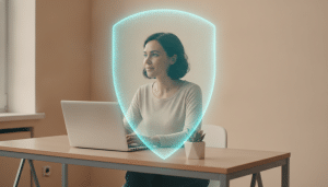 Woman sitting at desk with laptop and glowing digital shield effect in neutral-colored room