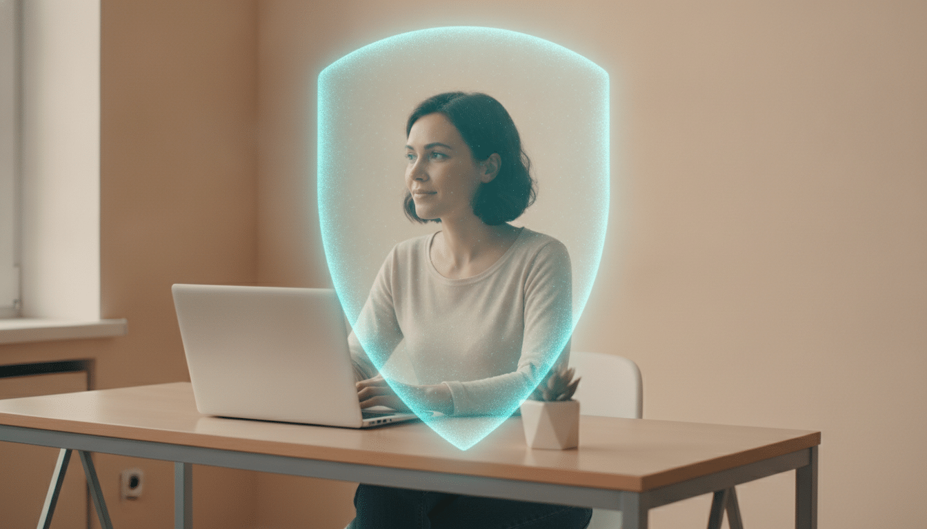 Woman sitting at desk with laptop and glowing digital shield effect in neutral-colored room