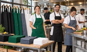 Chefs in diverse aprons working and smiling in a professional kitchen setting