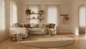 Cozy living room with cream sofa, colorful pillows, and sunlight streaming through sheer curtains