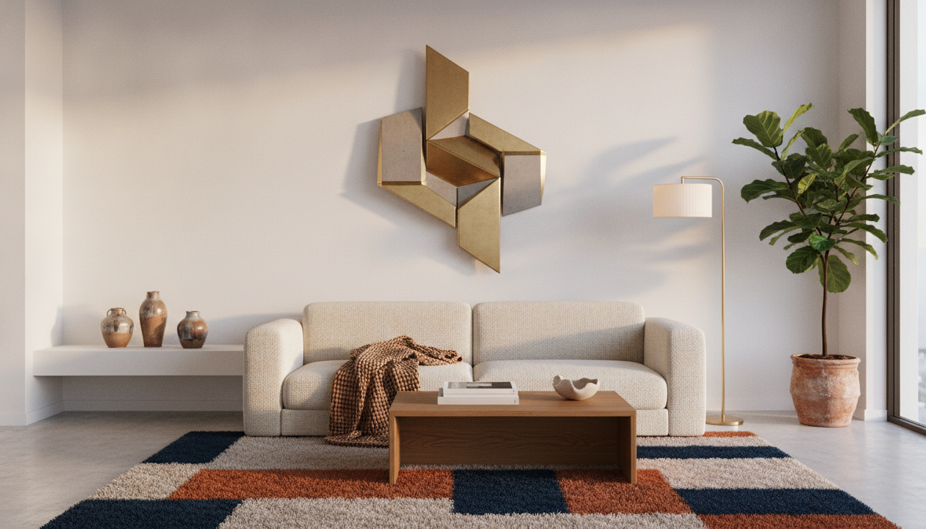 Modern living room with beige sofa, geometric wall art, wooden coffee table, and floor lamp