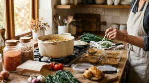Person ladling soup into containers in rustic kitchen with ingredients and cooked chicken nearby