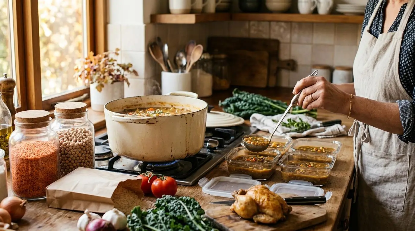 Person ladling soup into containers in rustic kitchen with ingredients and cooked chicken nearby