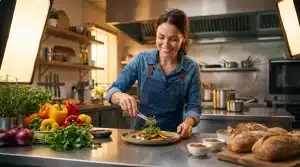Chef in denim apron preparing a colorful vegetable dish in a professional kitchen setting