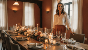 Woman standing by elegantly set dinner table with candles and floral arrangement in warm dining room