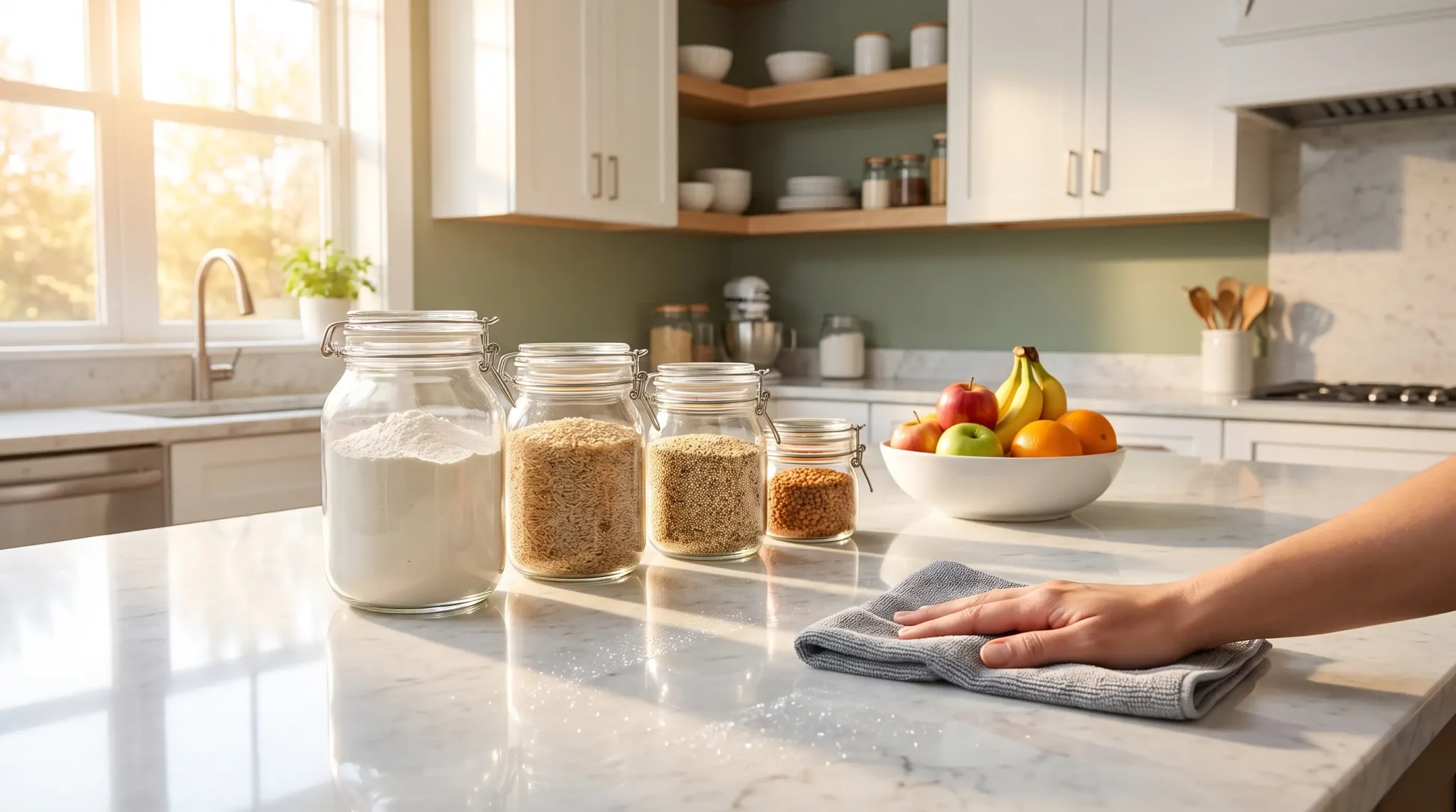 Hand wiping marble kitchen counter with glass jars and fruit bowl in bright morning light