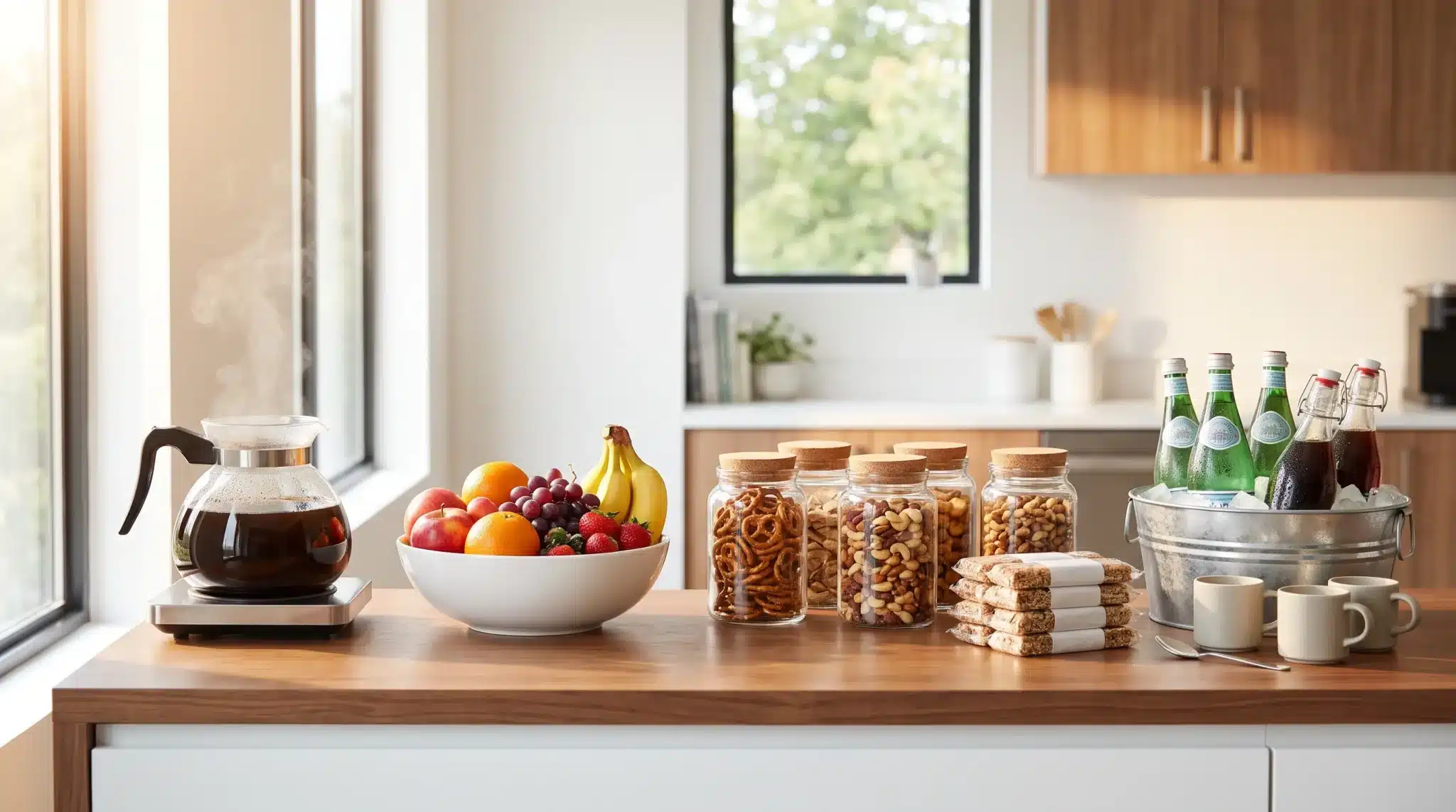 Coffee pot, fruit bowl, jars of snacks, and drinks on wooden kitchen counter in natural light
