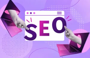 Laptop screens with hands pointing at bold SEO letters on purple background