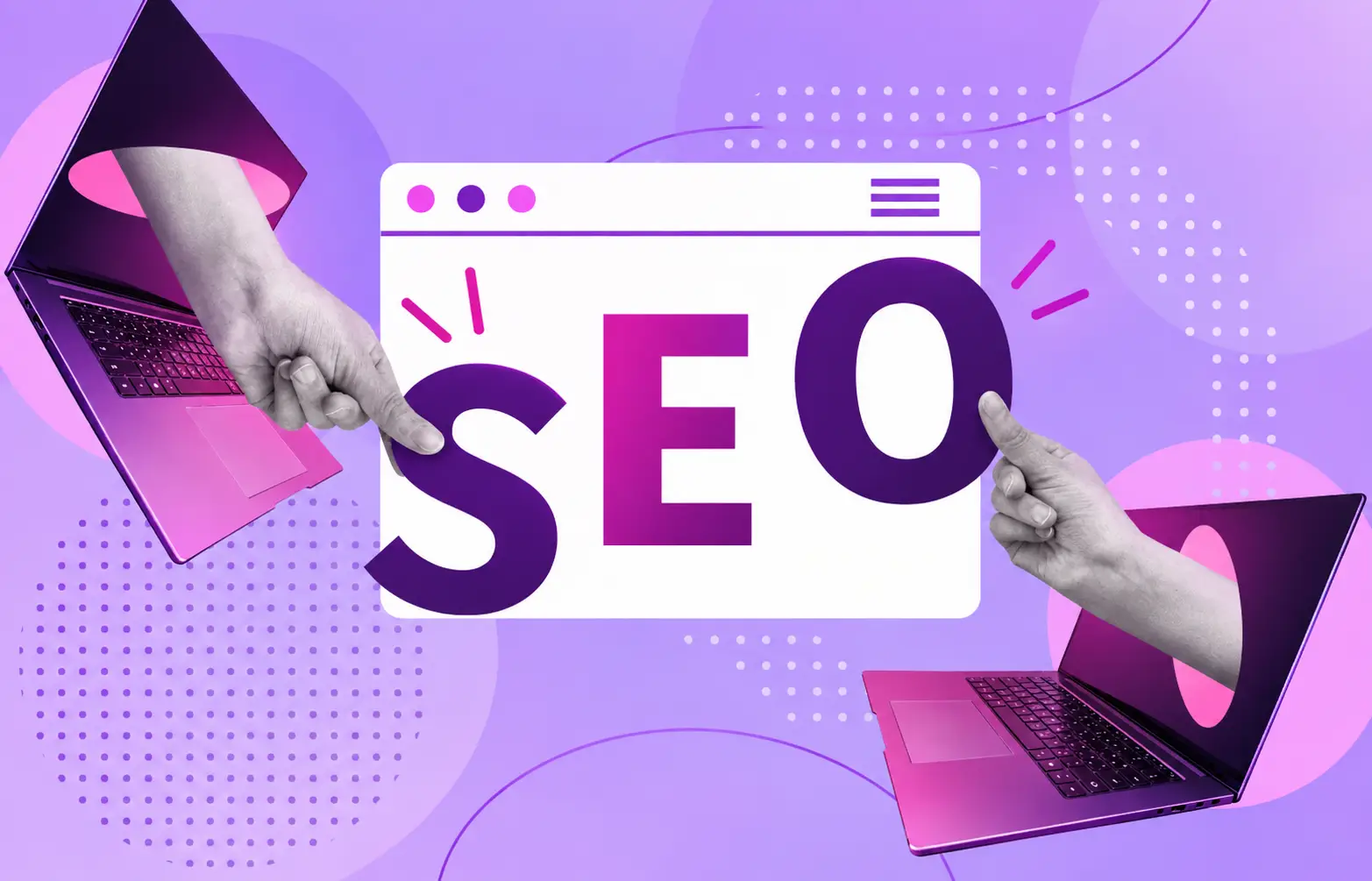Laptop screens with hands pointing at bold SEO letters on purple background