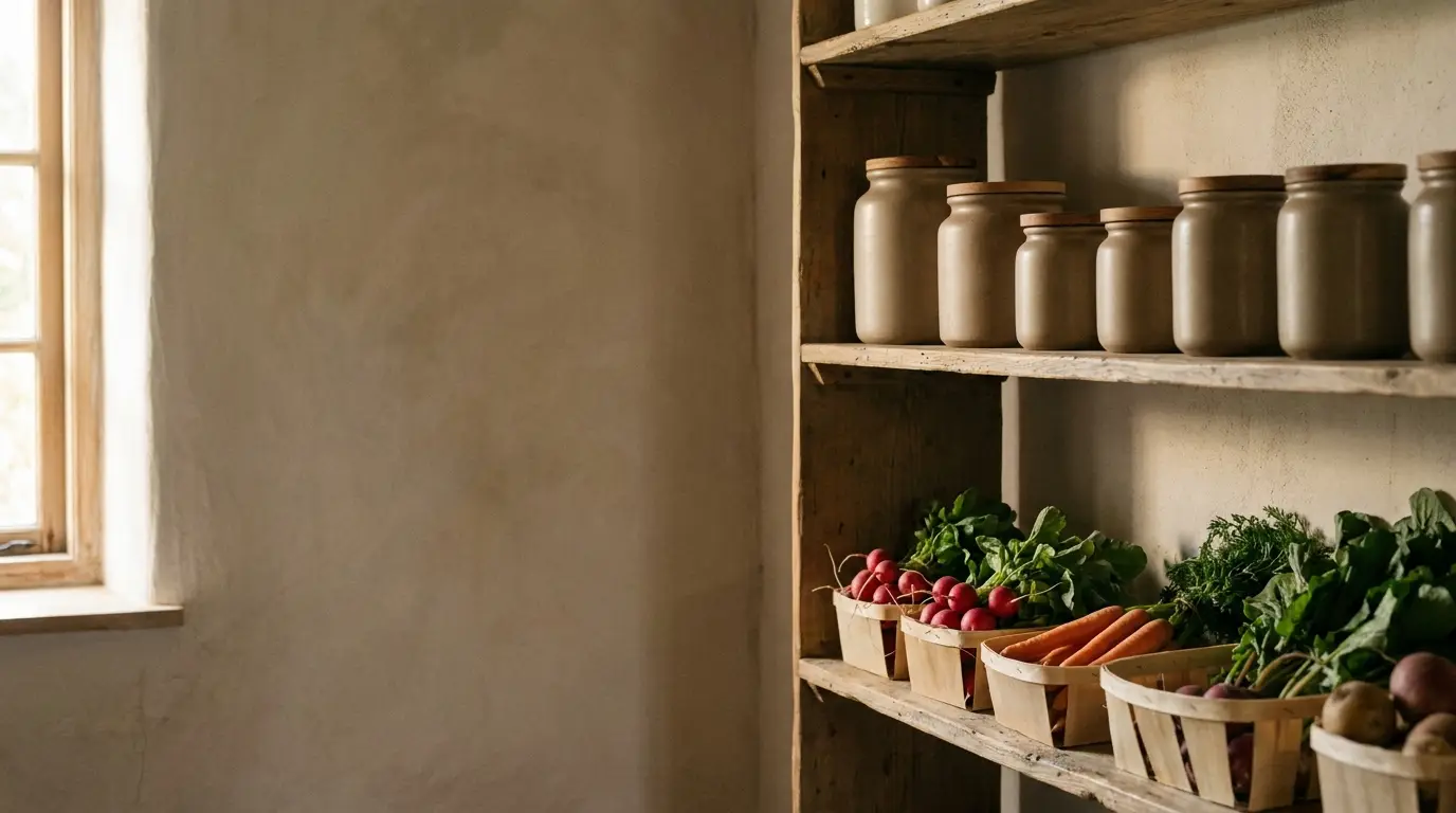 Jars and fresh vegetables on rustic wooden shelves in warm-lit pantry