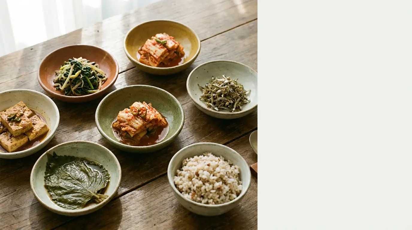 Assorted Korean side dishes in ceramic bowls on rustic wooden table