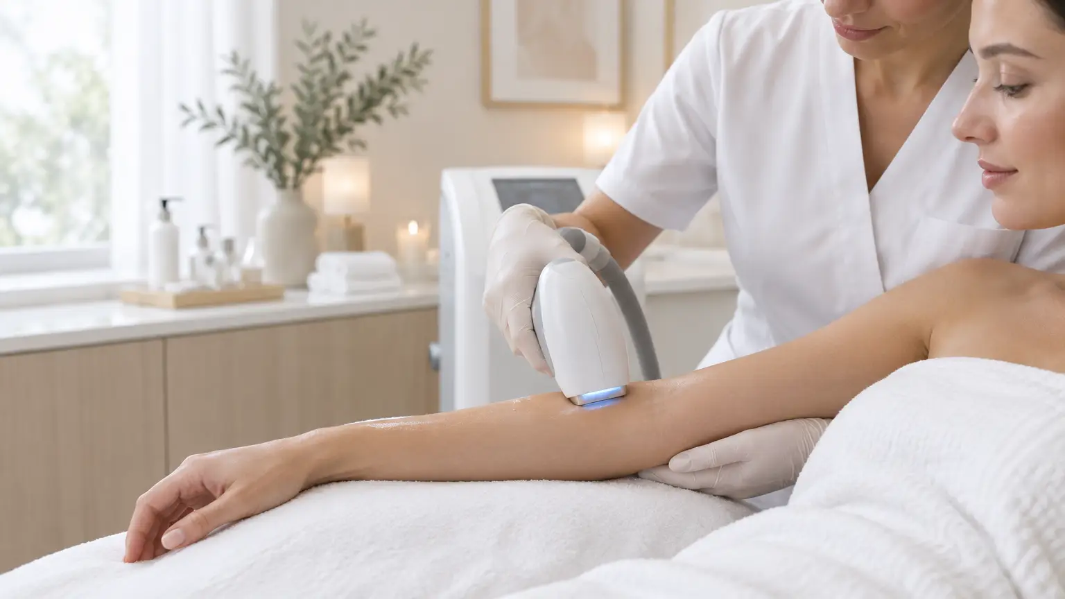 Laser hair removal treatment on woman's arm in a spa setting with soft lighting