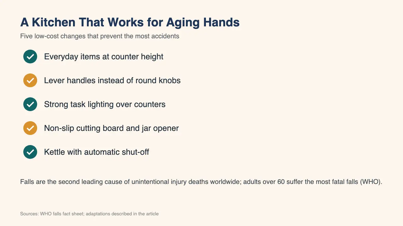 Checklist of kitchen safety tips for aging hands on cream background