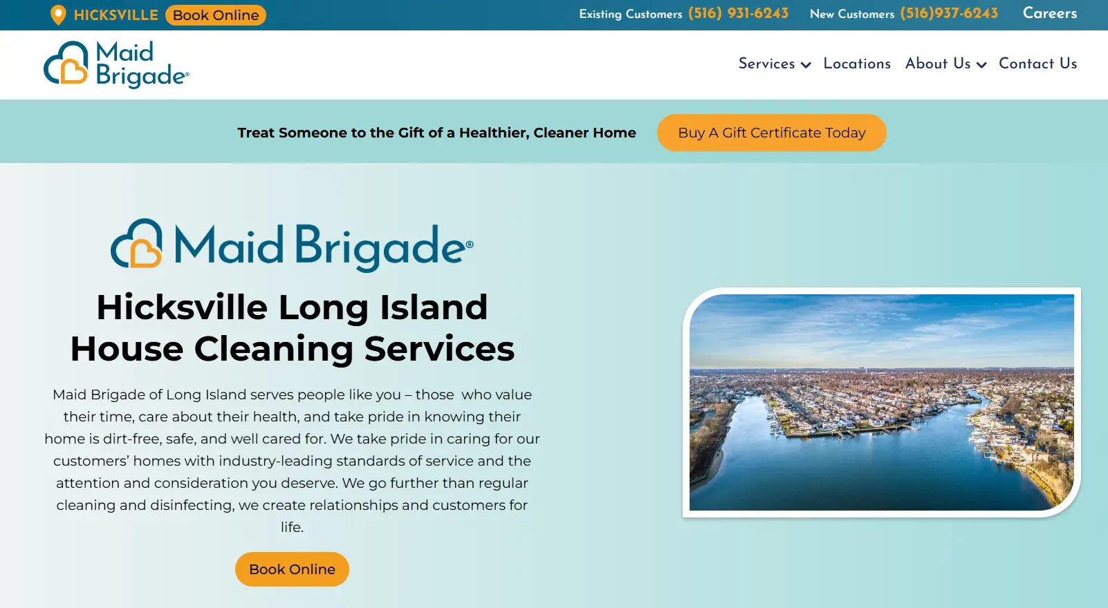 Website page for Hicksville Long Island house cleaning services with aerial view of a coastal area