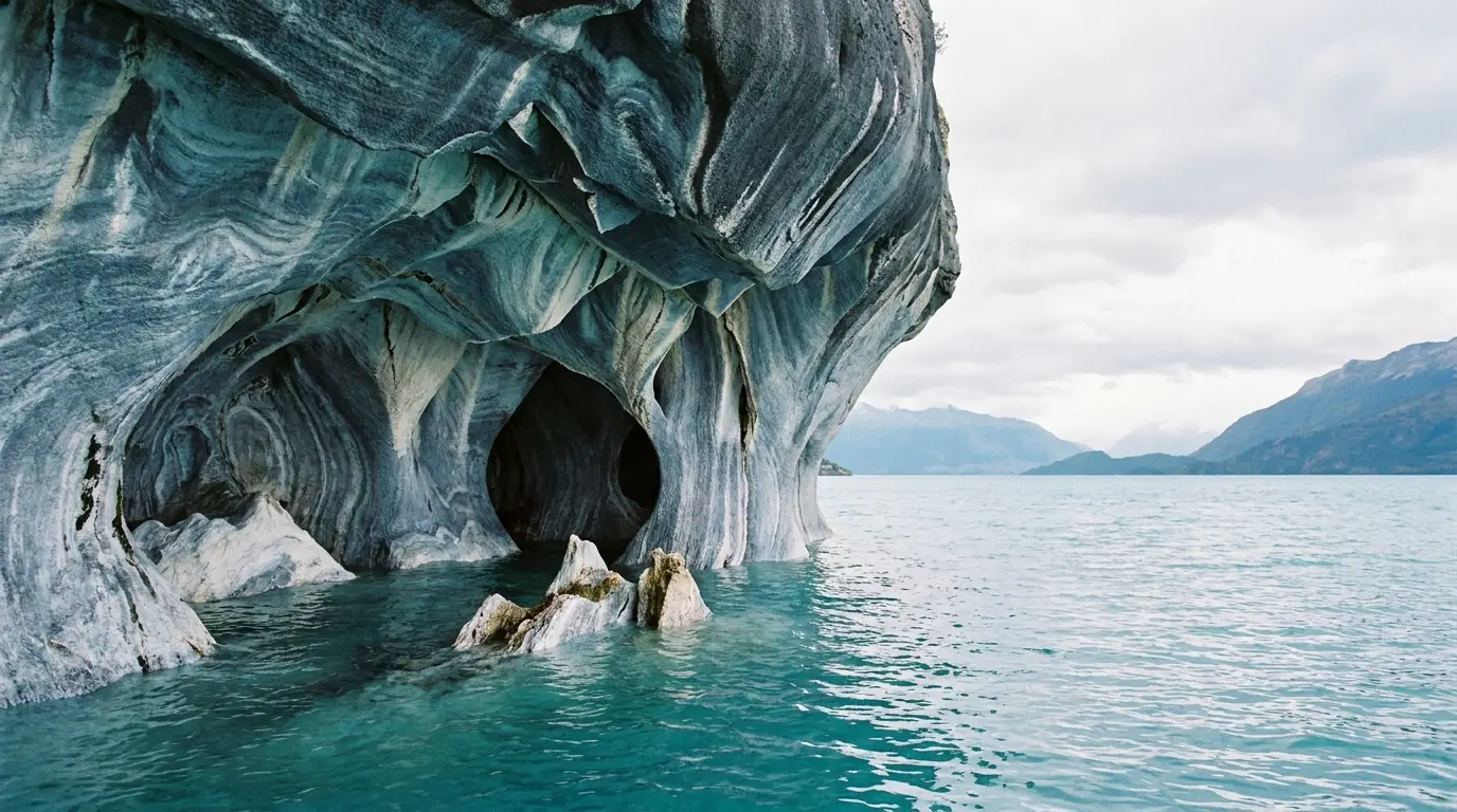 Marble caves with swirling patterns over turquoise water in a serene lake setting