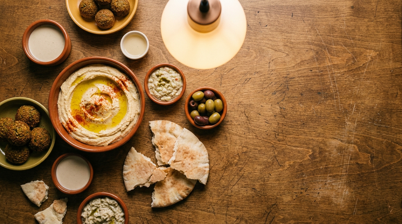 Hummus and falafel with olives and pita bread on wooden table under warm light