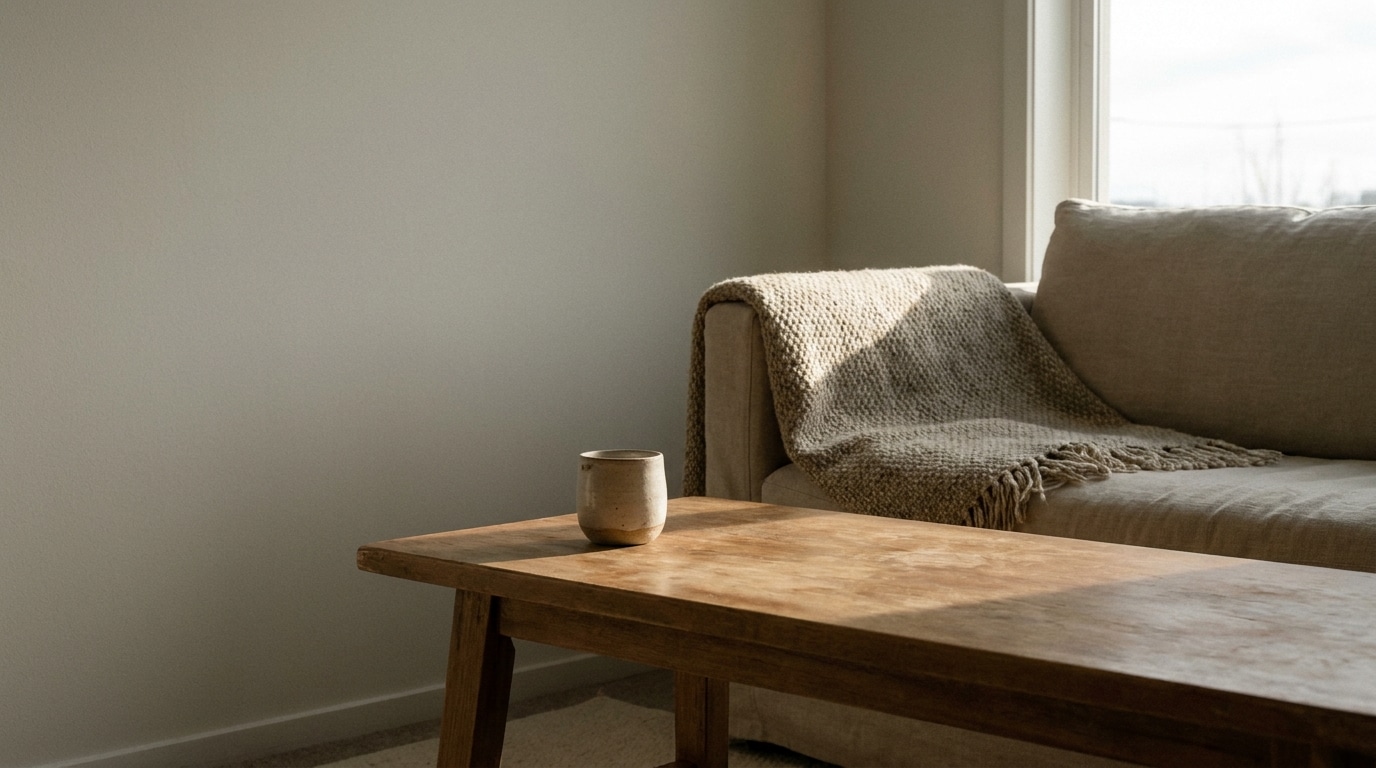 Cozy beige sofa with knit throw beside wooden coffee table in sunlit living room