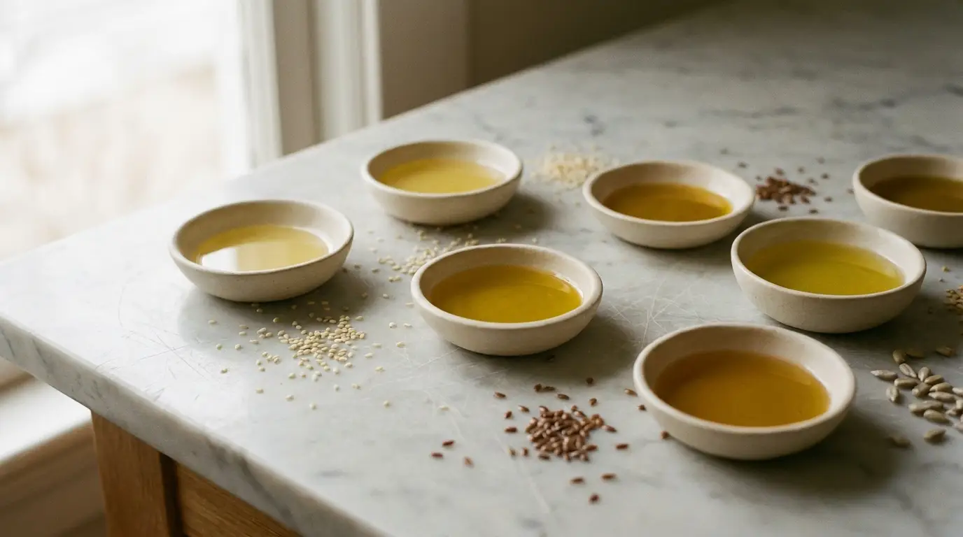 Bowls of golden oil on marble countertop with scattered seeds in soft natural light