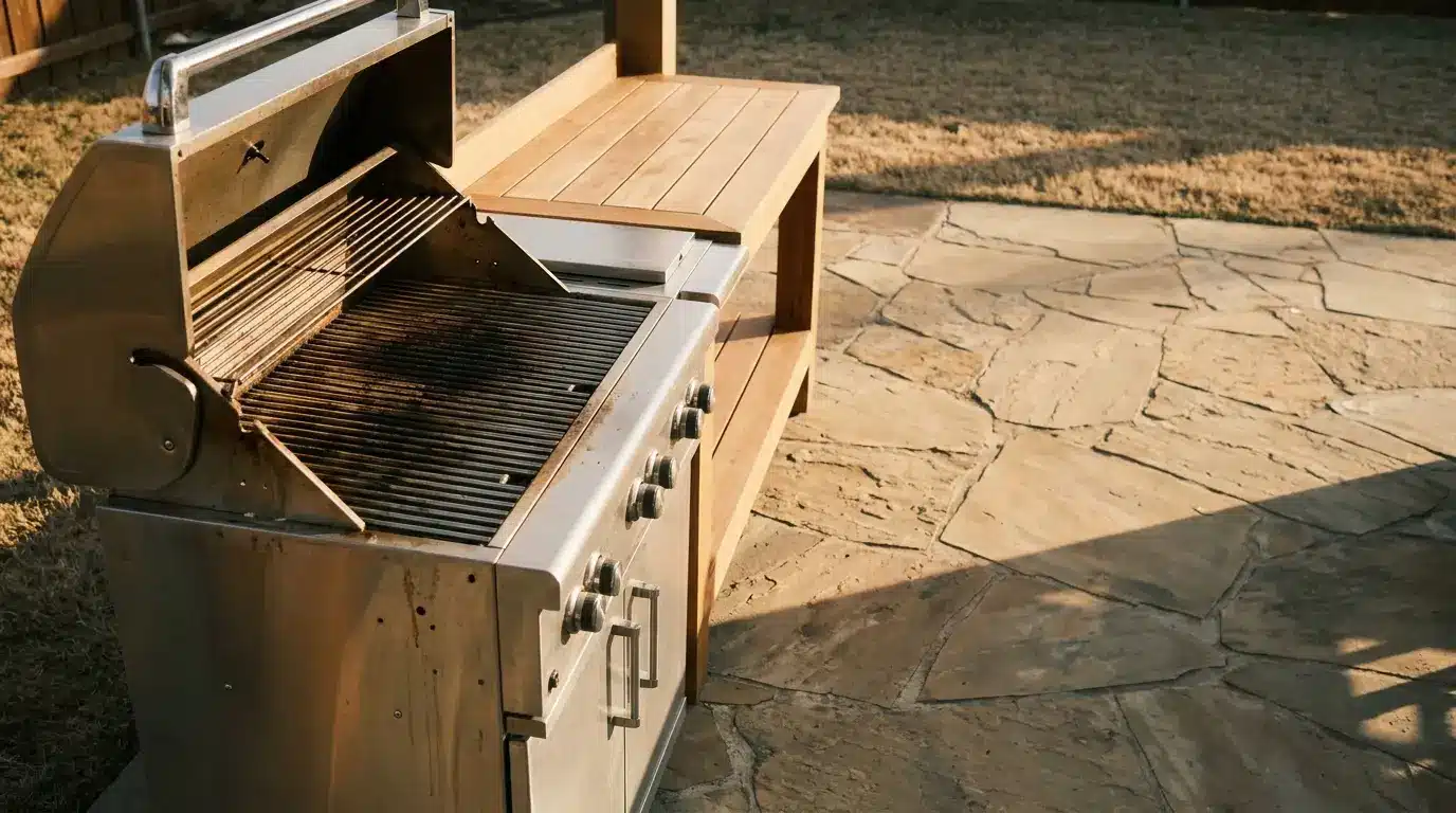 Stainless steel grill on stone patio with wooden prep bench in sunlight