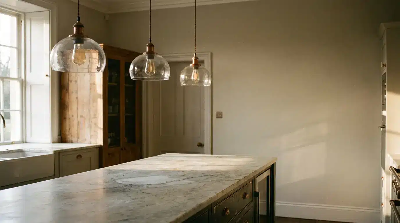 Marble kitchen island under pendant lighting in a rustic kitchen setting