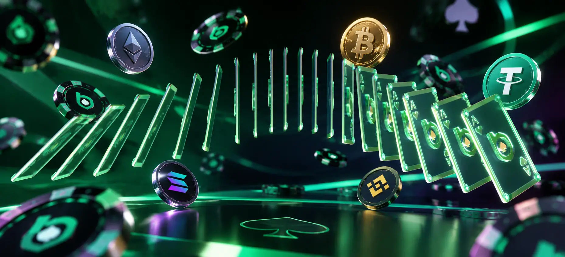 Digital cryptocurrency tokens and playing cards floating in futuristic dark green environment