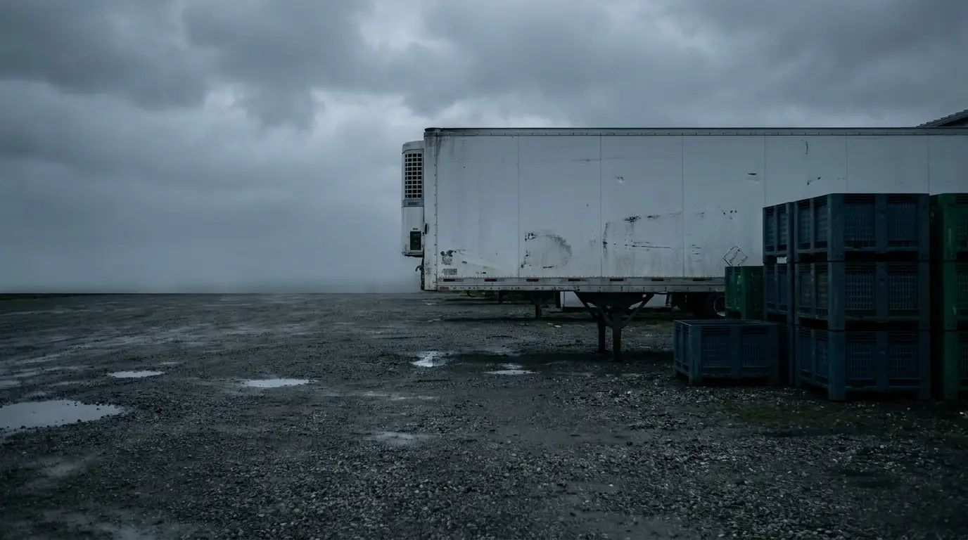 Empty gravel lot with white trailer and stacked blue crates under overcast sky