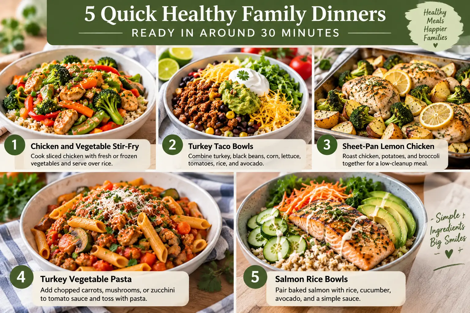 Colorful display of five healthy dinner meals featuring vegetables, proteins, and grains in bowls and trays