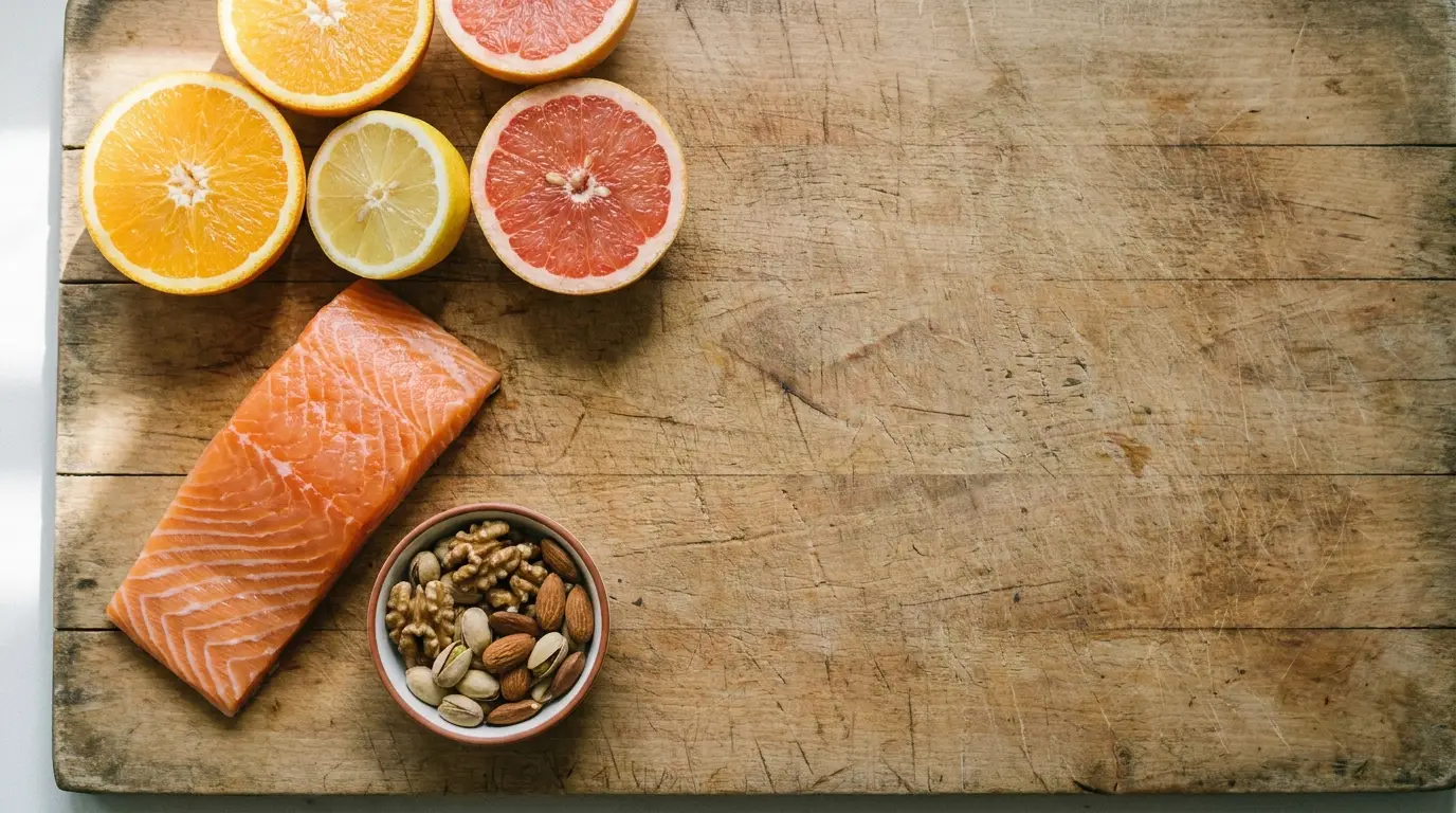 Salmon fillet, citrus slices, and mixed nuts on wooden cutting board in natural light