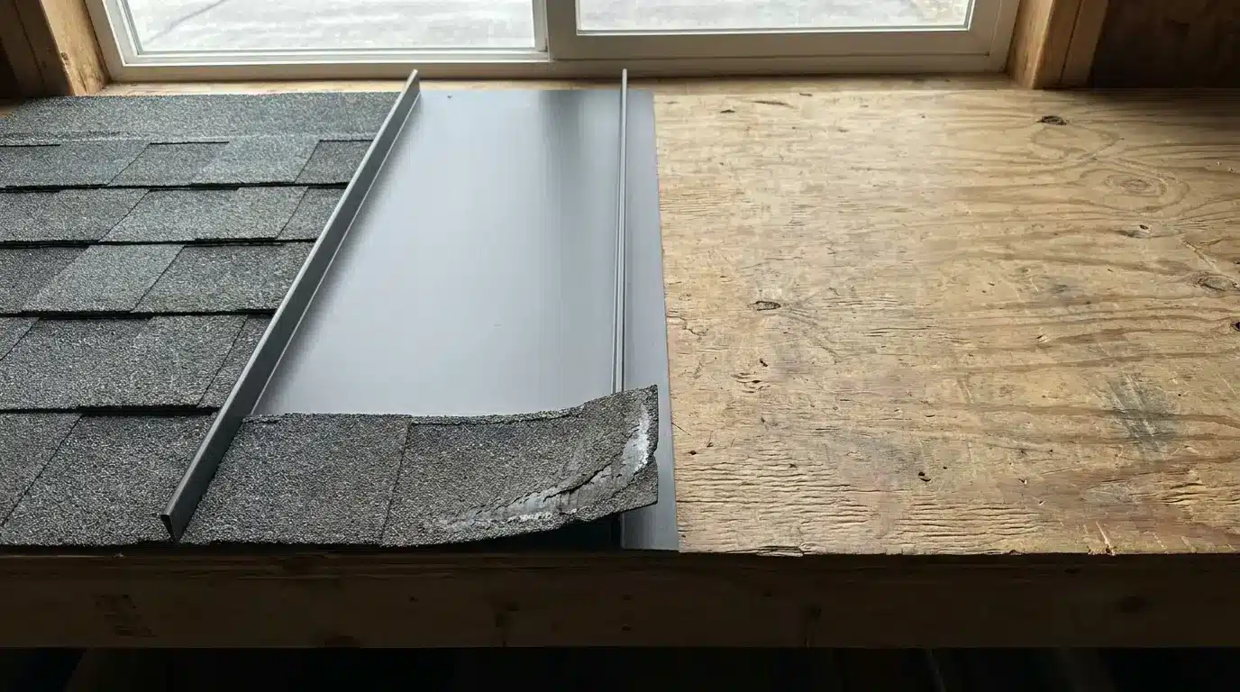 Roof shingles with metal flashing on wooden surface in natural light near window