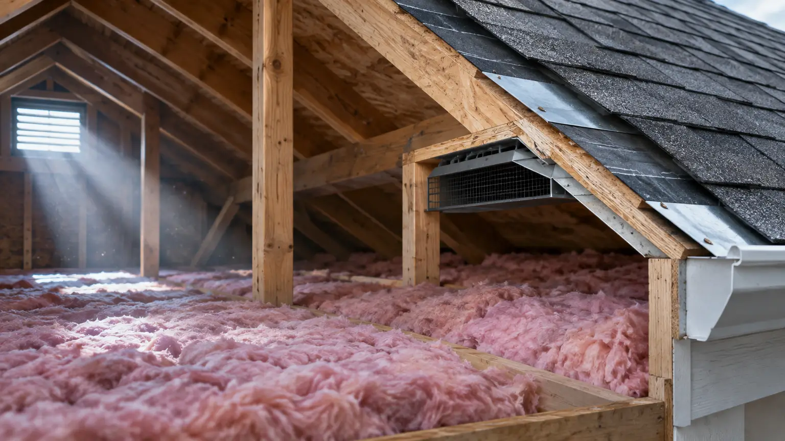 Pink fiberglass insulation covering attic floor with wooden beams and sunlight streaming through vent