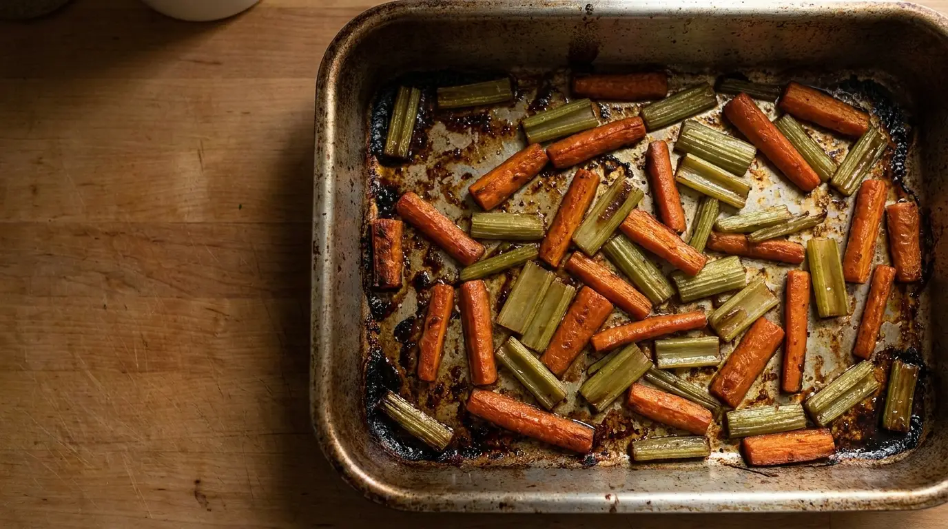 Roasted carrots and celery in a metal baking tray on wooden surface