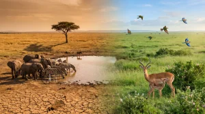 Elephants and zebras drinking at a waterhole, contrasting lush green savanna with birds and antelopes