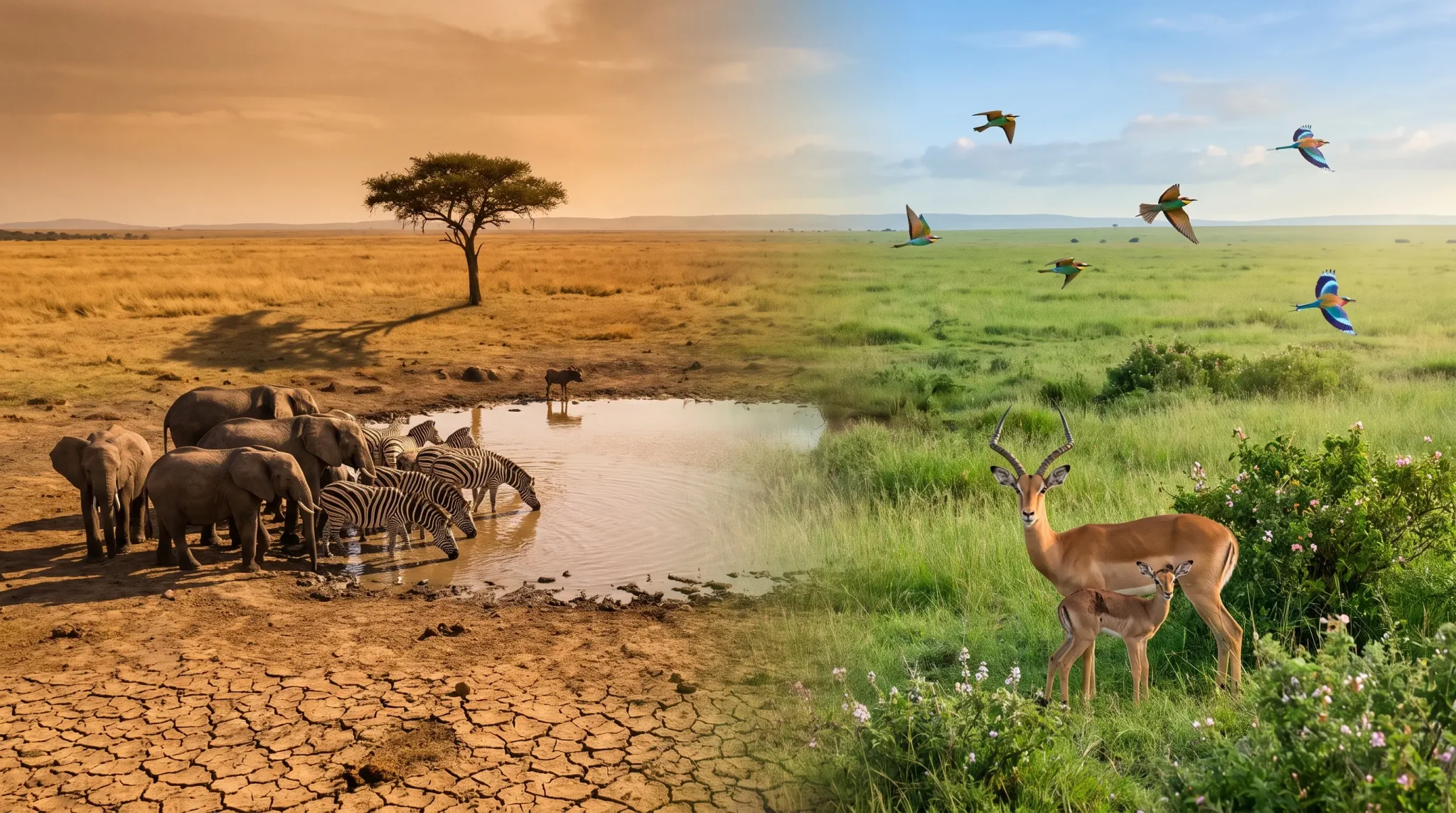 Elephants and zebras drinking at a waterhole, contrasting lush green savanna with birds and antelopes