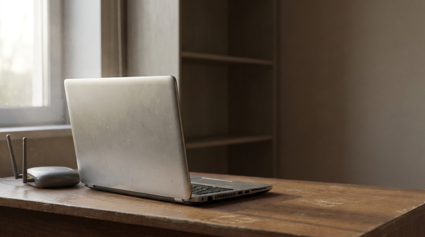 Open laptop and wireless router on wooden desk near window in a home office setting