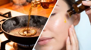 Oil pouring into a hot skillet and onto a woman's face for skincare routine