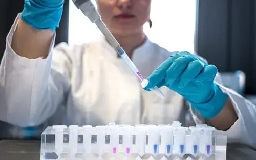 Scientist using pipette for liquid samples in a laboratory setting with test tubes