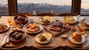 Variety of international foods on wooden table with mountain view in the background