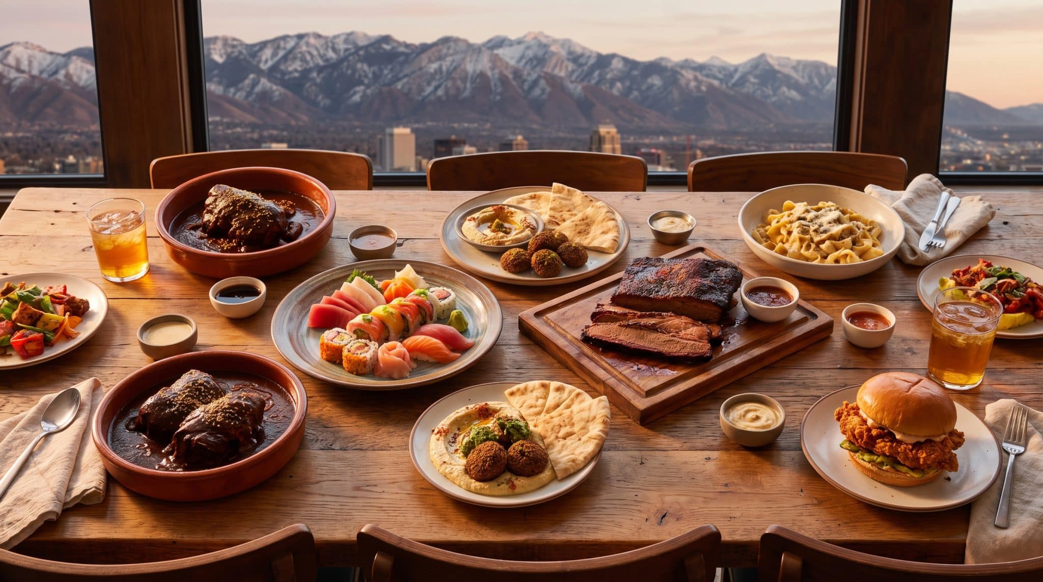 Variety of international foods on wooden table with mountain view in the background