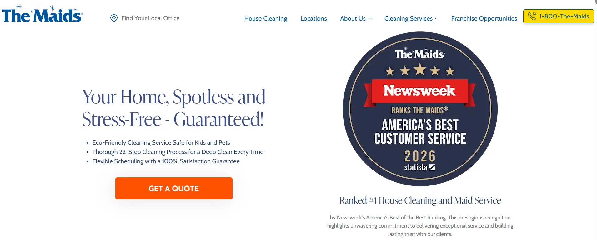 Circular badge displaying "Newsweek America's Best Customer Service 2026" with The Maids branding