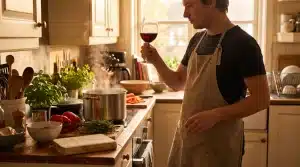 Man in apron examining glass of red wine in cozy kitchen with fresh vegetables and herbs